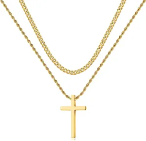 Stainless Steel Cross Necklace for Men, Layered Cuban Link & Rope Chains, Black, Silver, Gold Cross Pendant, 16-26 Inches.