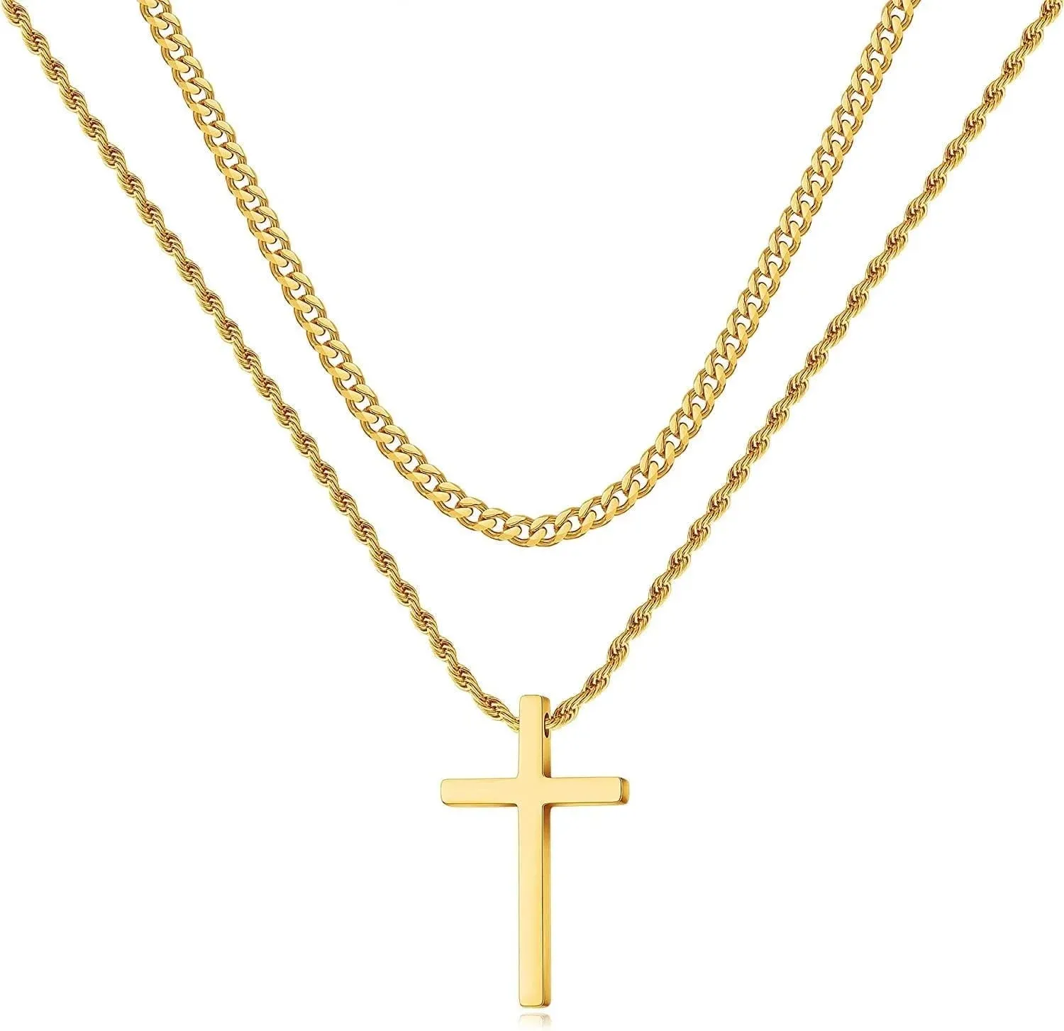 Stainless Steel Cross Necklace for Men, Layered Cuban Link & Rope Chains, Black, Silver, Gold Cross Pendant, 16-26 Inches.