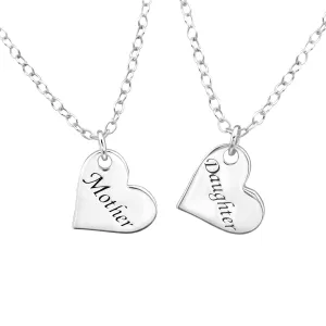 Sterling Silver Mother & Daughter Heart Pendant Necklace Set