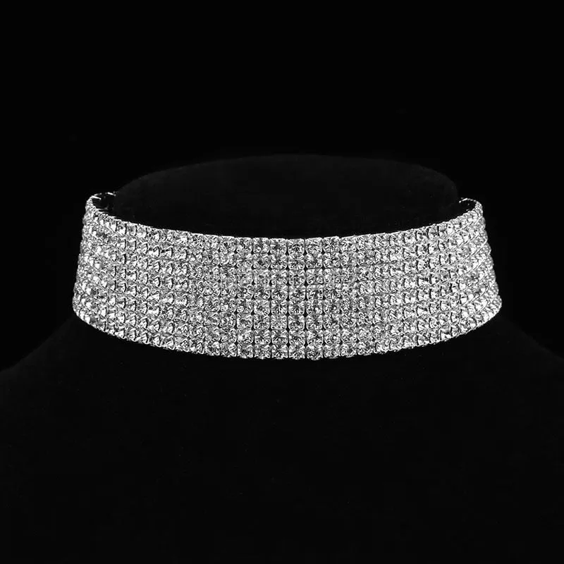 TREAZY Wedding Party 8 Row Rhinestone Choker Chain Necklace for Women Bridal Diamante Crystal Choker Necklace Elastic Cord