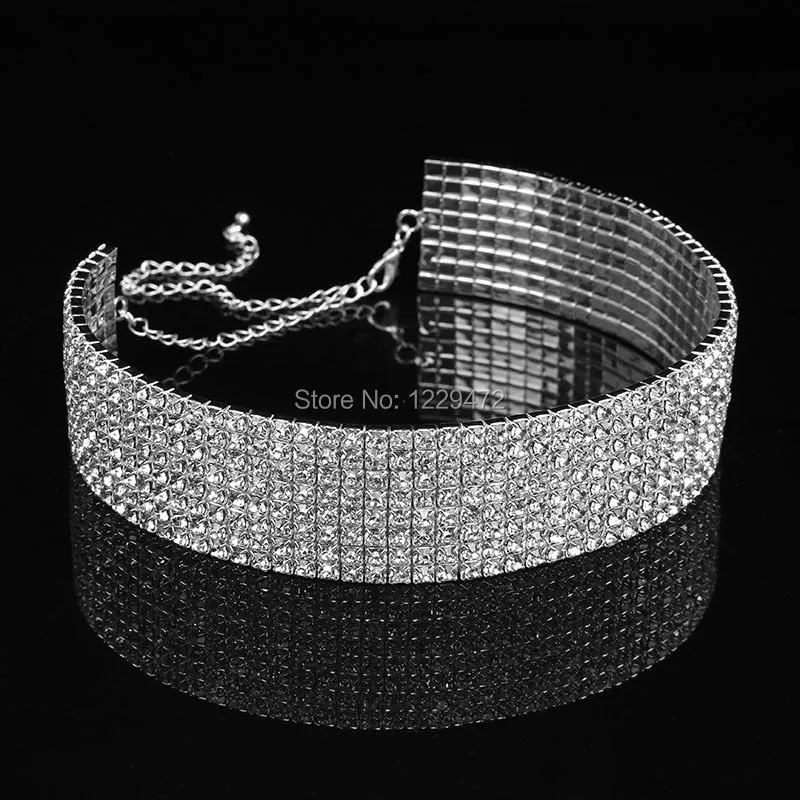 TREAZY Wedding Party 8 Row Rhinestone Choker Chain Necklace for Women Bridal Diamante Crystal Choker Necklace Elastic Cord