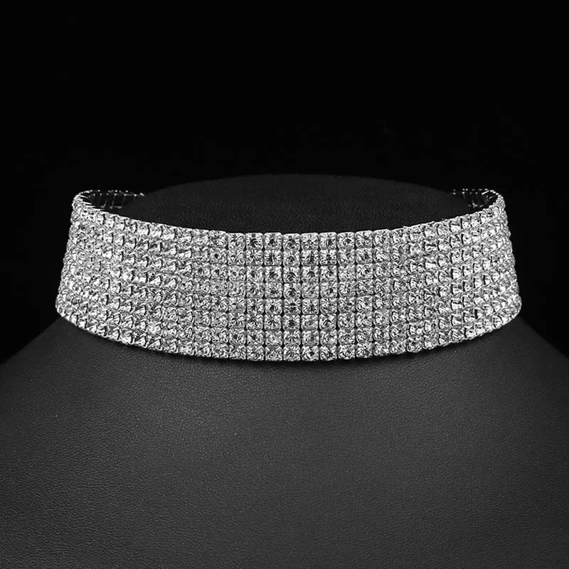 TREAZY Wedding Party 8 Row Rhinestone Choker Chain Necklace for Women Bridal Diamante Crystal Choker Necklace Elastic Cord