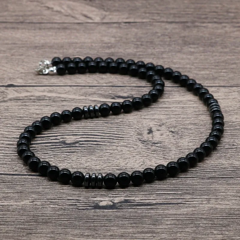 Trendy Simple Black Matte Stone Beads Necklace Men Summer Geometric Surfer Necklace For Men Strand Jewelry Gift For Him