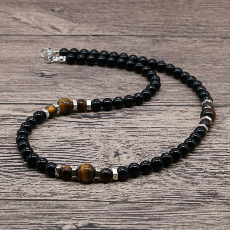 Trendy Simple Black Matte Stone Beads Necklace Men Summer Geometric Surfer Necklace For Men Strand Jewelry Gift For Him