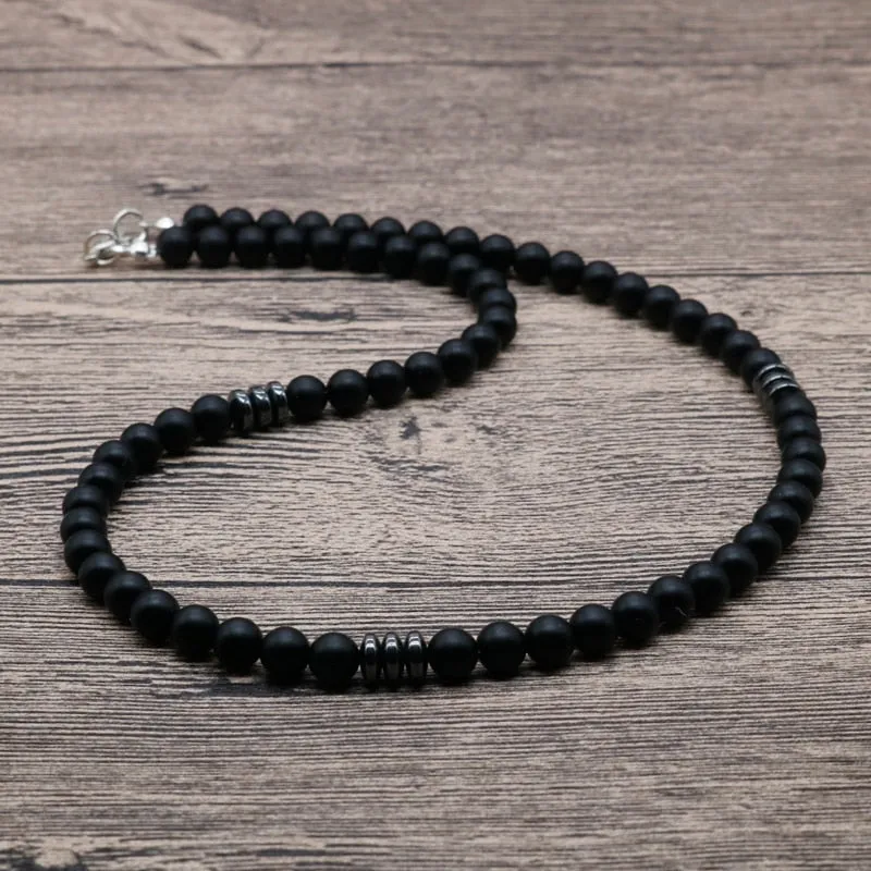 Trendy Simple Black Matte Stone Beads Necklace Men Summer Geometric Surfer Necklace For Men Strand Jewelry Gift For Him