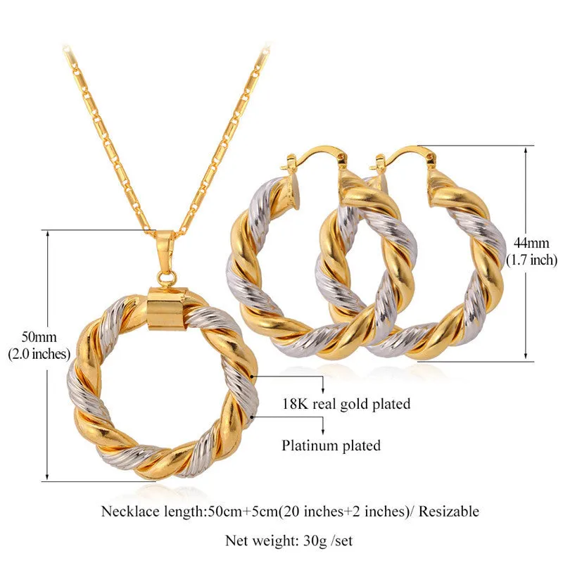 Unique Two Tone Necklace Set For Women Trendy Round Pendant Necklace Earrings Fashion Yellow Gold Plated Jewelry Sets