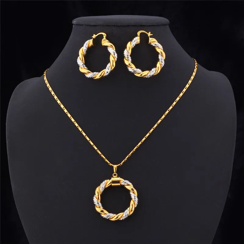 Unique Two Tone Necklace Set For Women Trendy Round Pendant Necklace Earrings Fashion Yellow Gold Plated Jewelry Sets