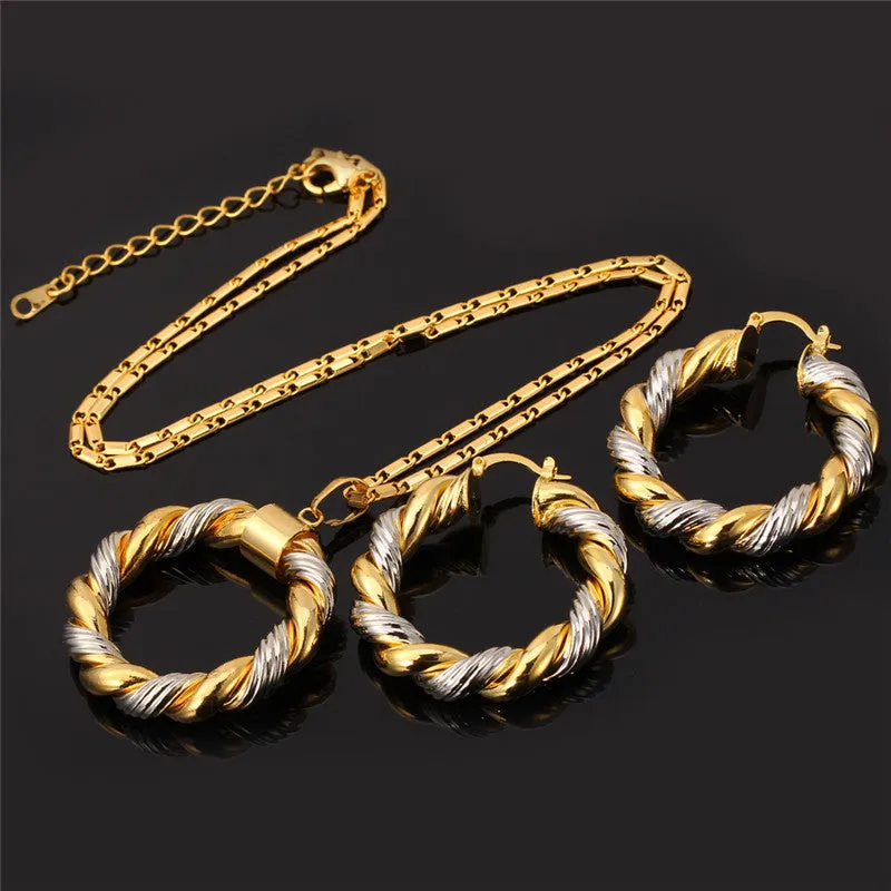 Unique Two Tone Necklace Set For Women Trendy Round Pendant Necklace Earrings Fashion Yellow Gold Plated Jewelry Sets