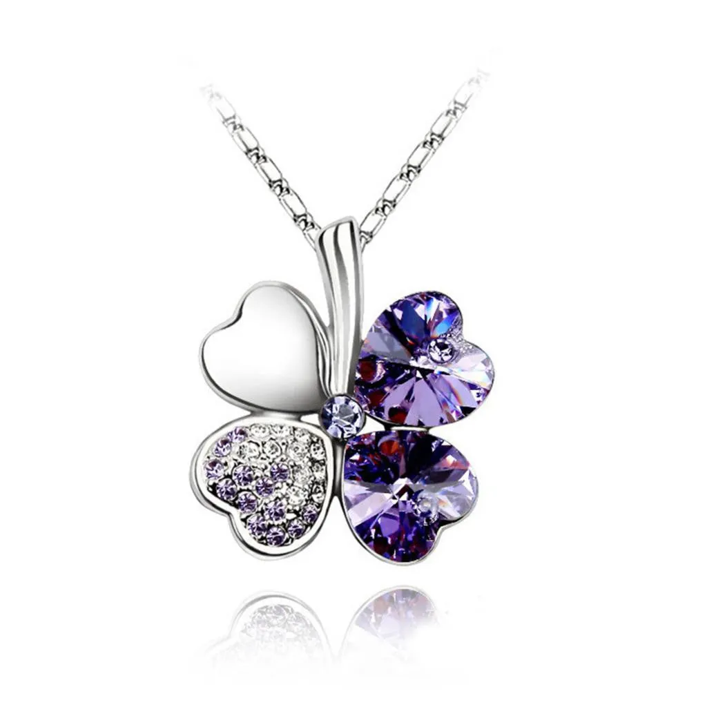 Valentine's Day Four Leaf Clover Crystals Pendant Necklace Silver Plated Chain New Fashion For Women