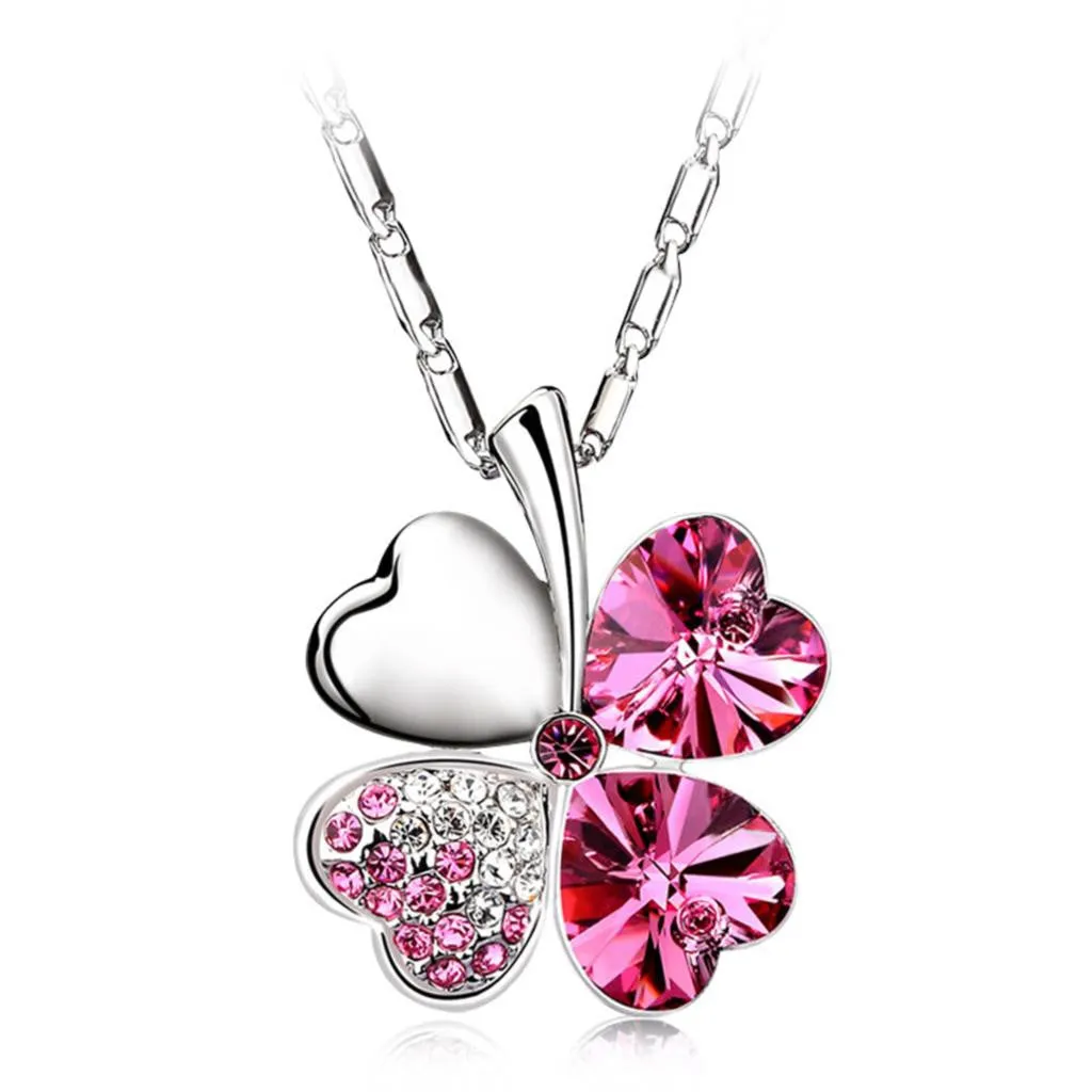 Valentine's Day Four Leaf Clover Crystals Pendant Necklace Silver Plated Chain New Fashion For Women