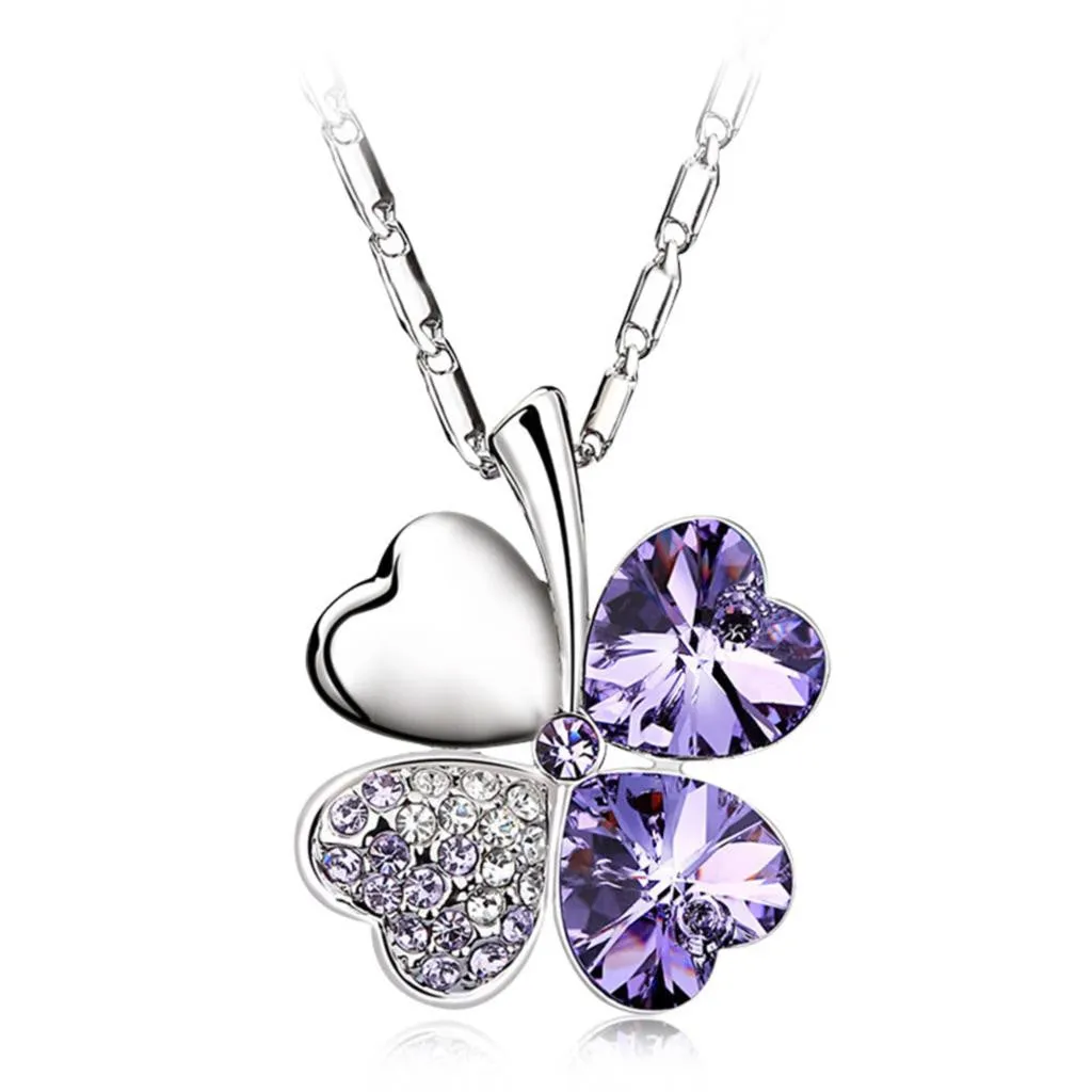 Valentine's Day Four Leaf Clover Crystals Pendant Necklace Silver Plated Chain New Fashion For Women