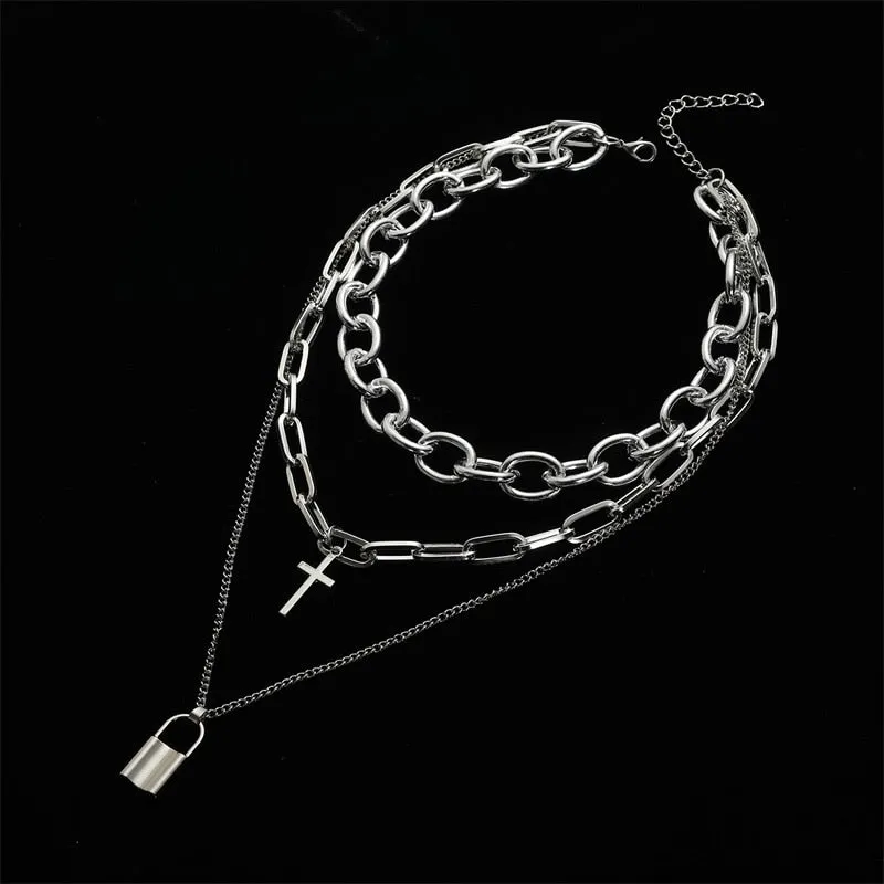 VenusFox Layered grunge aesthetic jewelry vintage  punk chain necklace for women men lock cross pendant  choker  chains goth accessory