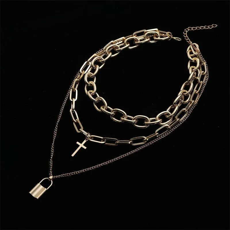 VenusFox Layered grunge aesthetic jewelry vintage  punk chain necklace for women men lock cross pendant  choker  chains goth accessory