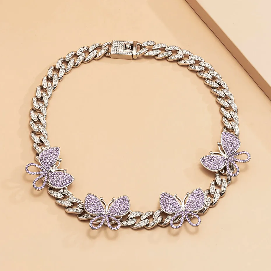 VenusFox Punk Crystal Miami Cuban Chain Butterfly Necklace for Women Kpop Luxury Rhinestone Thick Choker Necklace Fashion Jewelry Gifts