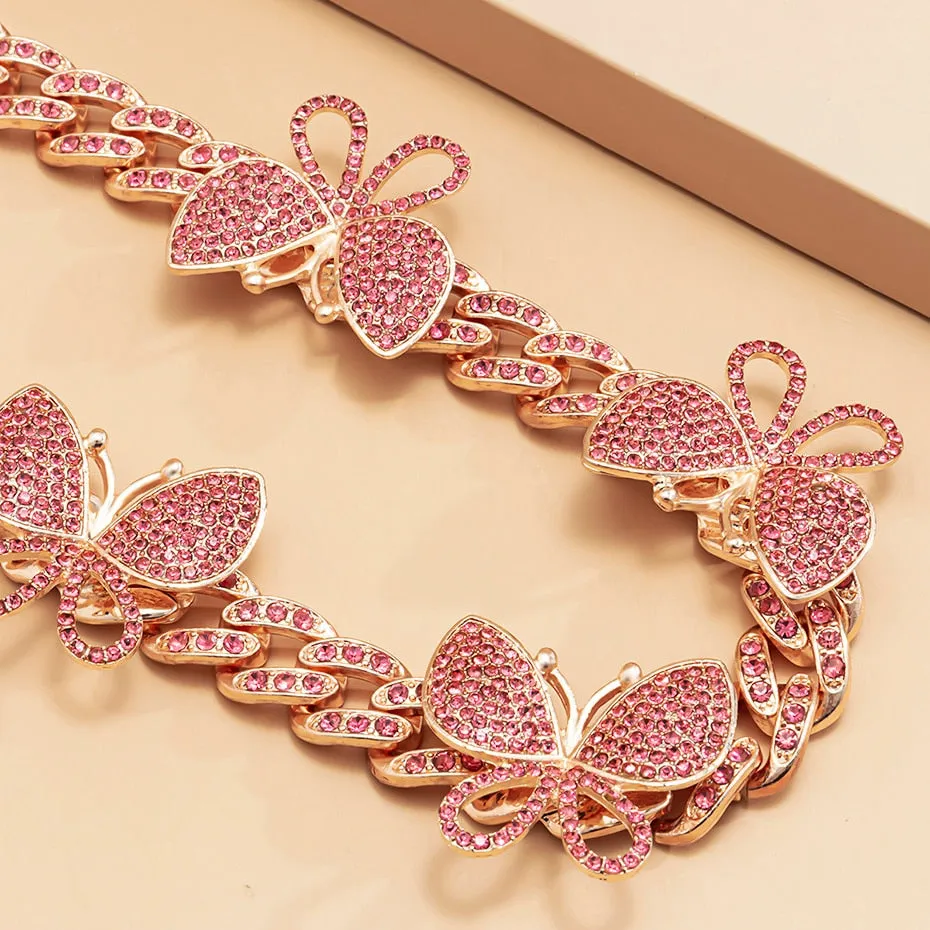 VenusFox Punk Crystal Miami Cuban Chain Butterfly Necklace for Women Kpop Luxury Rhinestone Thick Choker Necklace Fashion Jewelry Gifts