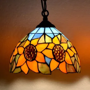 Victorian Sunflower Hanging Lamp with Stained Glass - Orange, 1-Bulb Suspension Light for Bedroom