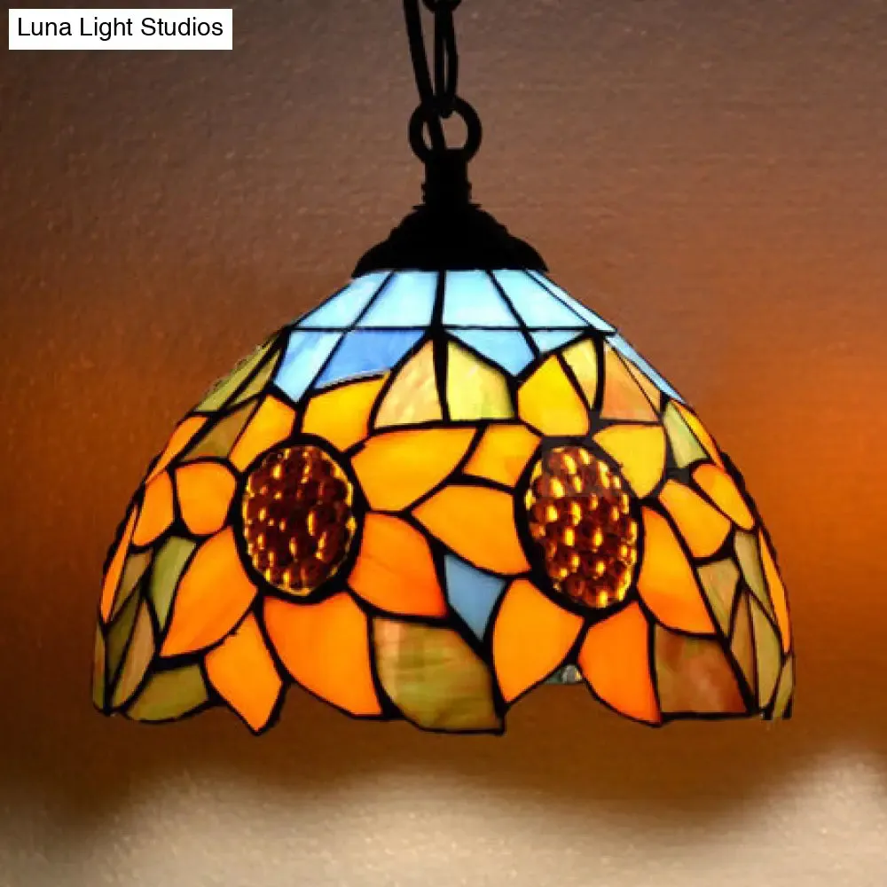 Victorian Sunflower Hanging Lamp with Stained Glass - Orange, 1-Bulb Suspension Light for Bedroom