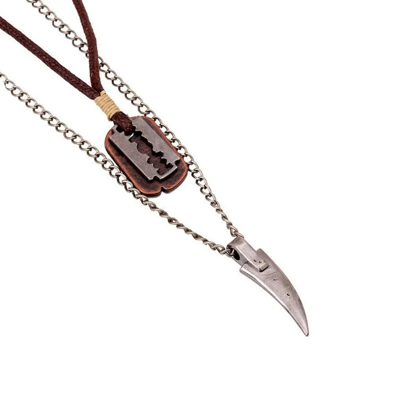 Vintage Mens Necklace Alloy Animal Wolf Tooth Razor Blade Pendants Necklace Multilayer Metal Chain Choker Male Punk Jewelry