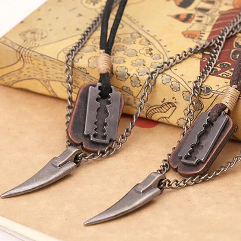 Vintage Mens Necklace Alloy Animal Wolf Tooth Razor Blade Pendants Necklace Multilayer Metal Chain Choker Male Punk Jewelry