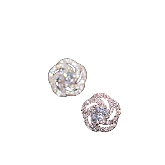 Women Sterling Silver Twist Stackable Rose Flower Zircon Crystal Stud Earrings