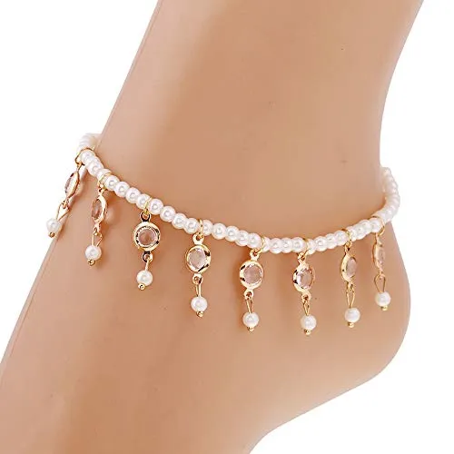 Yellow Chimes Latest Fashion Crystal Tassels Peal String 2 PC Stretchable Anklet for Women and Girls